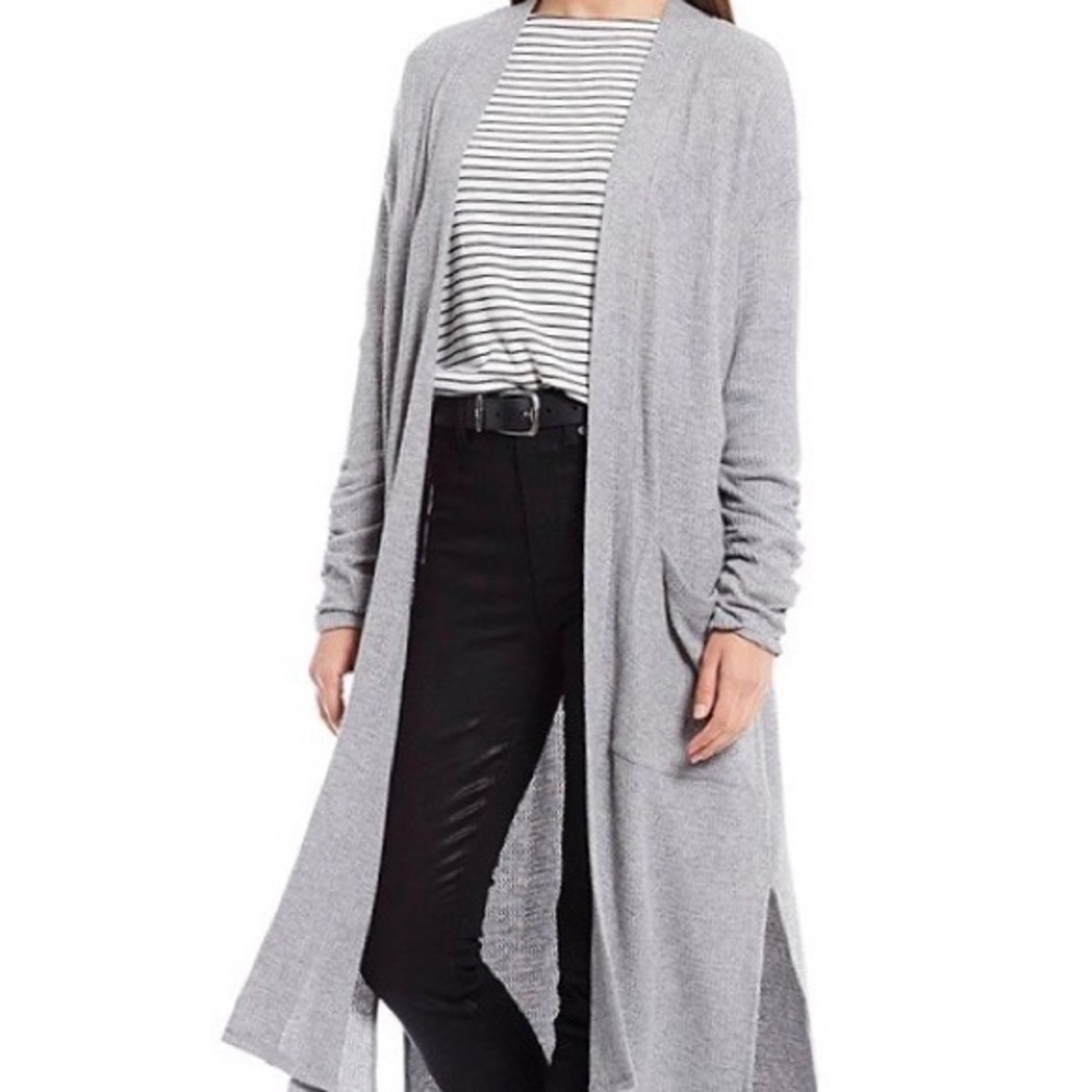 1. STATE Ruched Sleeve Waffle Knit Maxi Cardigan